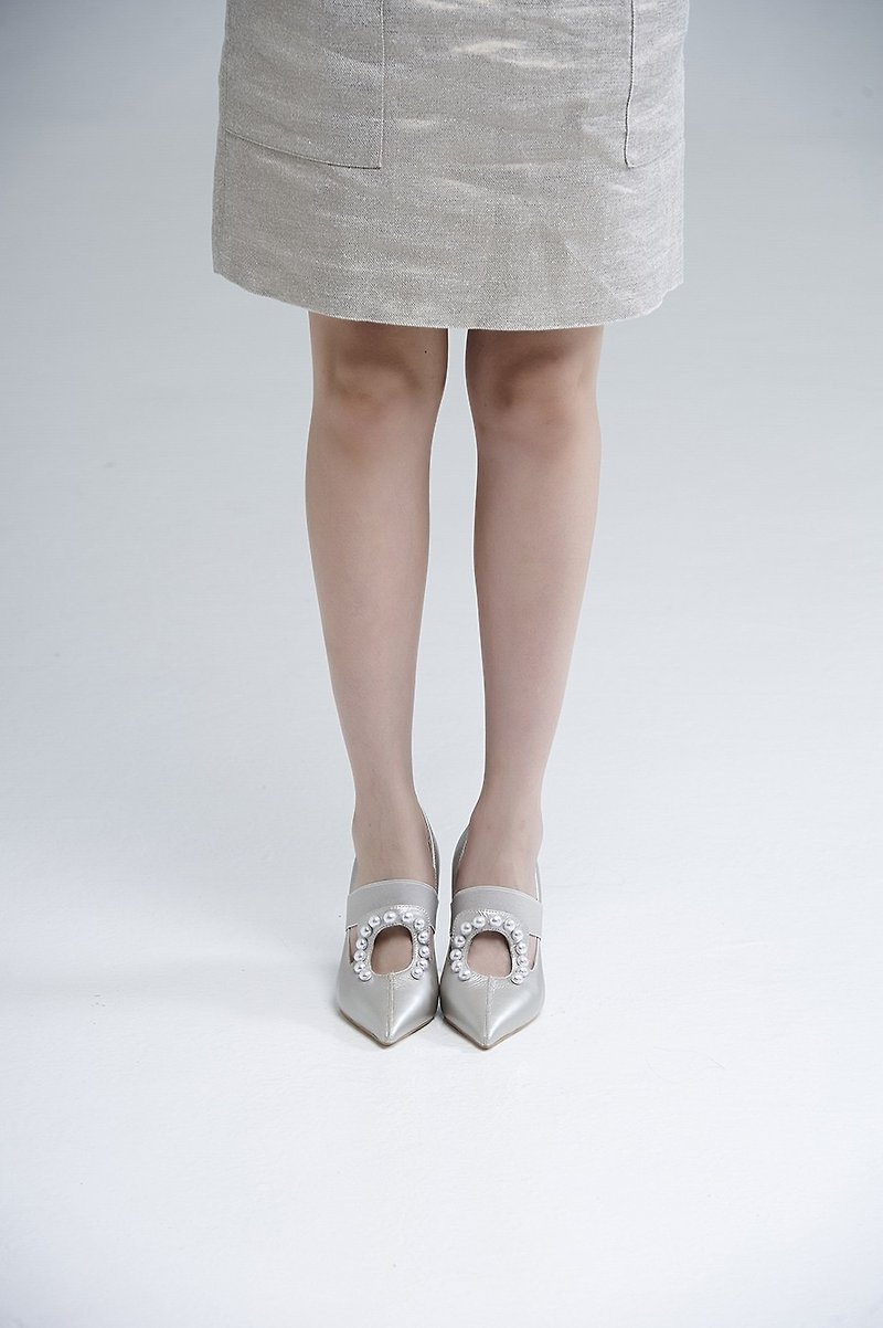 Pearl openwork bandage high heels champagne - High Heels - Genuine Leather Silver
