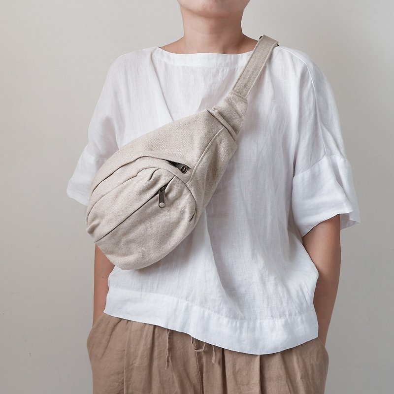Sand Linen carry-on small baggage cross-body waist bag travel small bag - Messenger Bags & Sling Bags - Cotton & Hemp Khaki