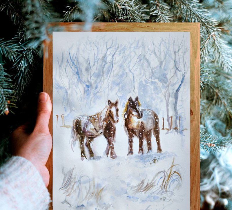 Christmas watercolor painting. Horses in snow - ตกแต่งผนัง - กระดาษ ขาว