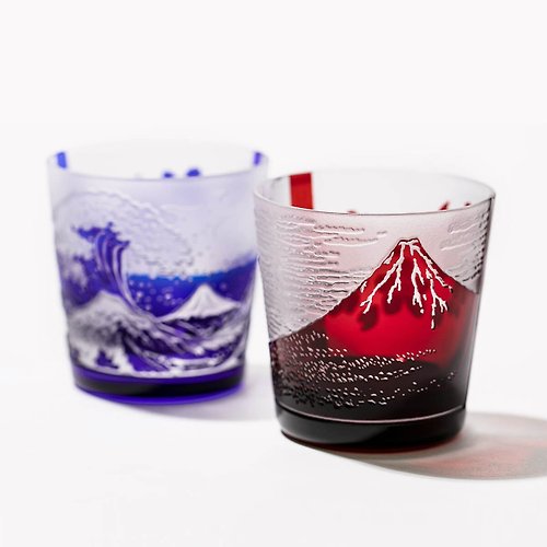 MSA玻璃雕刻 (一對價)150cc【太武朗工房】赤富士與波富士對杯 江戶硝子