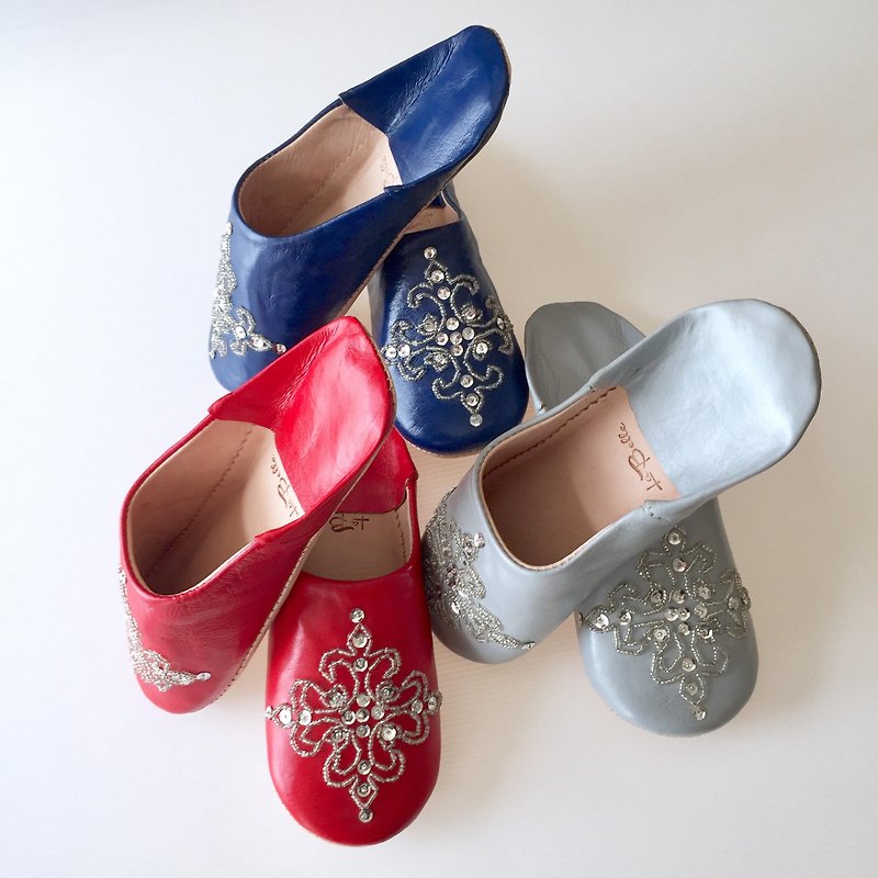 Babouche Slipper / 拖鞋 / beautiful embroidery baboosh 3 feet set - Other - Genuine Leather Blue