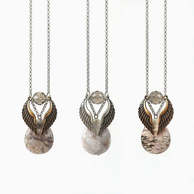 Twin Wings Necklace with White Crazy Lace Agate and Smoky Quartz Stone Pendant - สร้อยคอ - เครื่องประดับพลอย สีนำ้ตาล