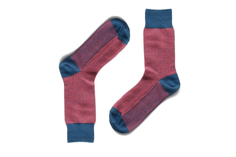 Houndstooth pattern gentleman socks coral red - ถุงเท้าข้อกลาง - ผ้าฝ้าย/ผ้าลินิน สีแดง