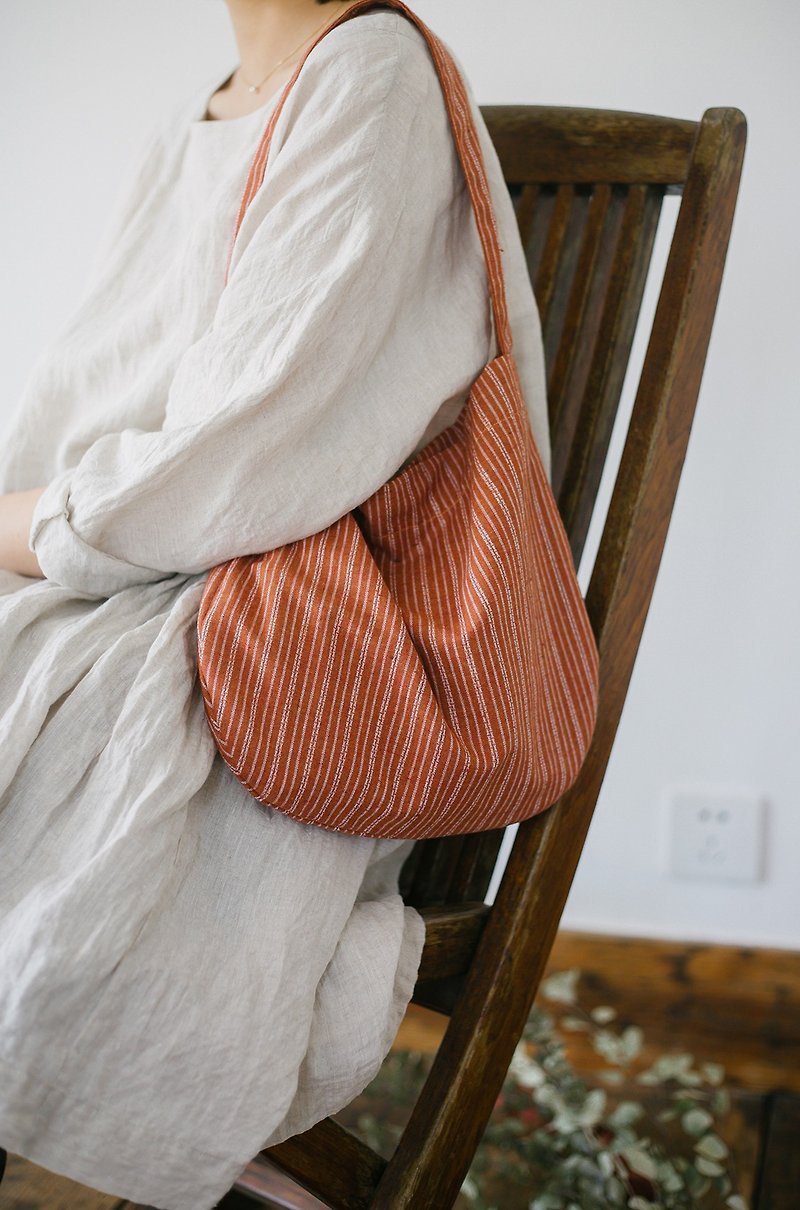 Apricot orange striped underarm cloth bag shoulder small cloth bag - Messenger Bags & Sling Bags - Cotton & Hemp Orange