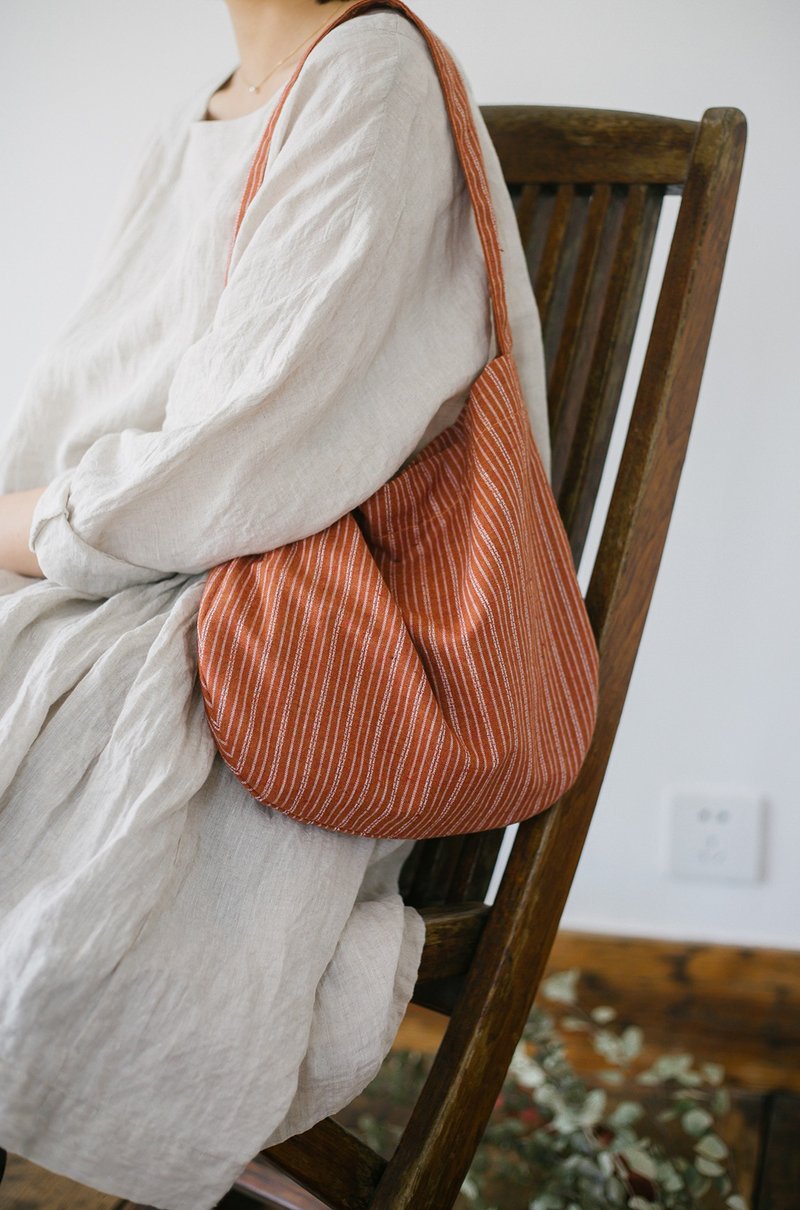 Apricot orange striped underarm cloth bag shoulder small cloth bag - Messenger Bags & Sling Bags - Cotton & Hemp Orange