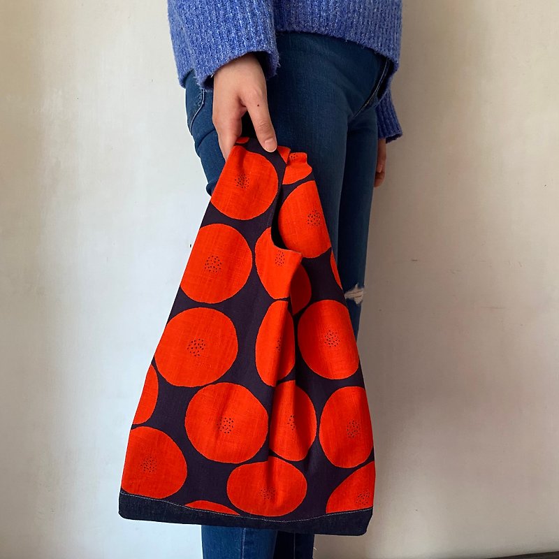 Red polka dot stitching denim lightweight handle bag/tote bag/green bag - Handbags & Totes - Cotton & Hemp Multicolor