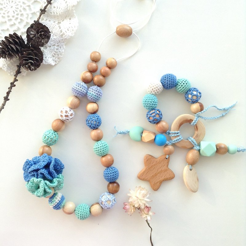 Breastfeeding nursing necklace wooden crochet blue mint - new mom gift basket - Necklaces - Wood Blue
