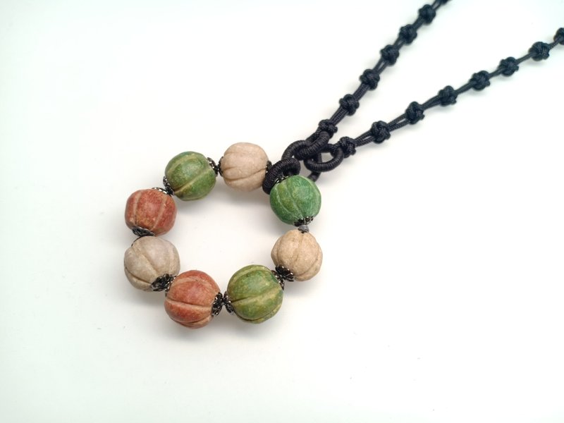 SD-058 Natural stone carved melon beads hand-knitted necklace - สร้อยคอ - หิน หลากหลายสี