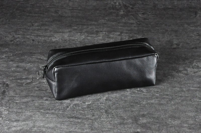 ENDURE/PVC leather/black lychee pattern rectangle large size pencil case/2 zippe - กล่องดินสอ/ถุงดินสอ - วัสดุอื่นๆ สีดำ