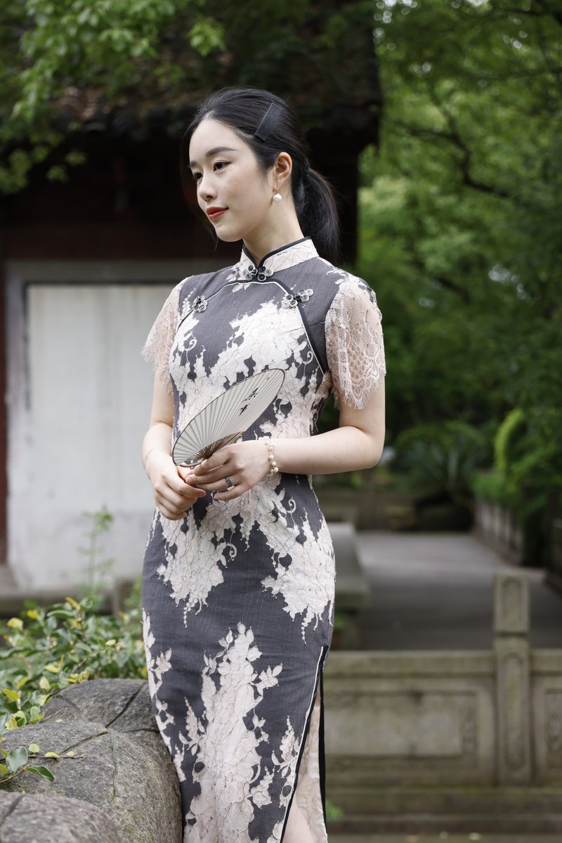 蕾絲旗袍 日常百搭短袖開衩旗袍 手工盤扣 - 旗袍/改良式旗袍 - 棉．麻 卡其色
