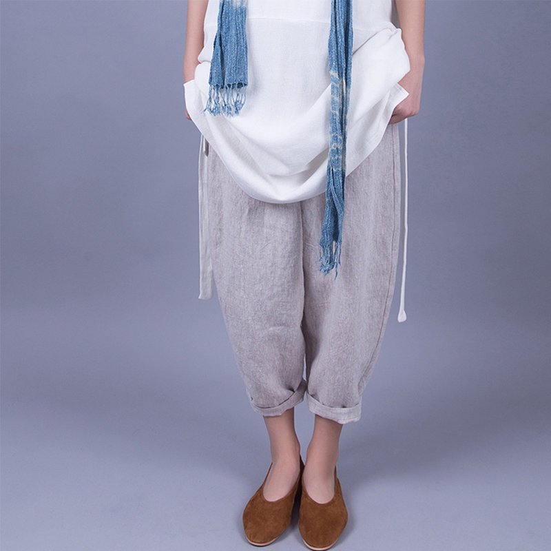 Natural Linen sand-washed pure linen cropped trousers - กางเกงขายาว - ผ้าฝ้าย/ผ้าลินิน 
