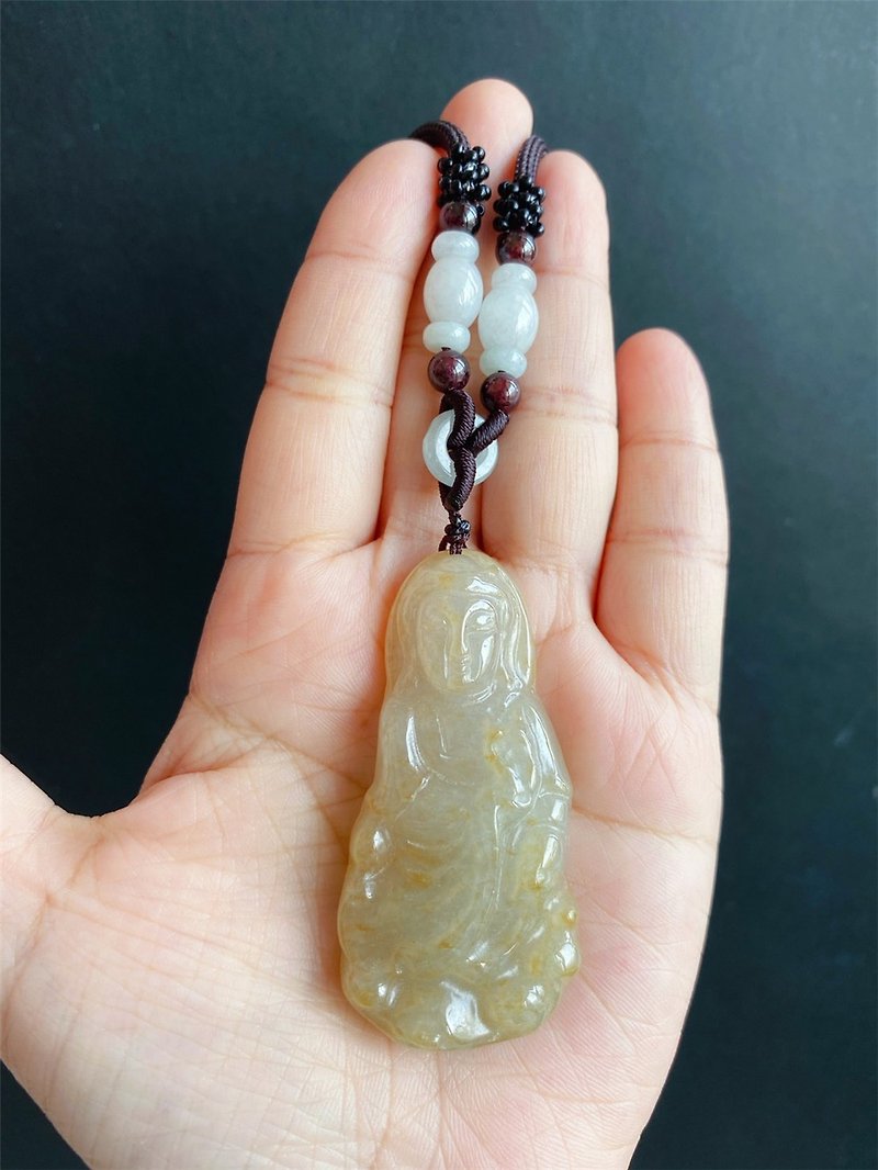[Sold] Natural Burmese Jade Jade Ice Honey Sprinkled Gold Guanyin Bodhisattva Necklace Gift - สร้อยคอ - หยก สีนำ้ตาล