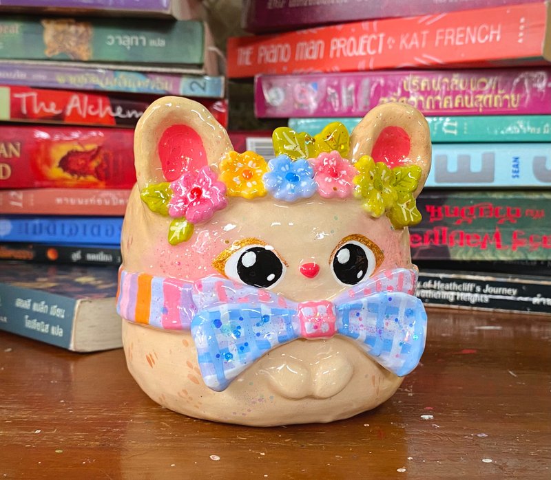 Handmade Flowery Bunny Planter - handcrafted rabbit pottery with drainage hole - 花瓶/花器 - 陶 粉紅色