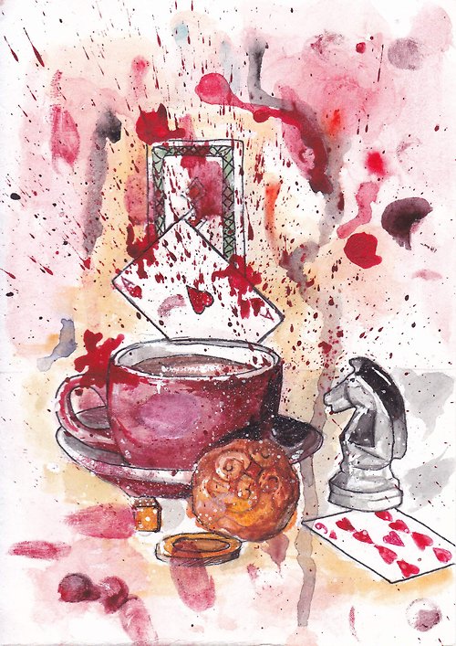 Diven.art Still life alice in wonderland, tea party, cup, cards, chess, watercolor splashe