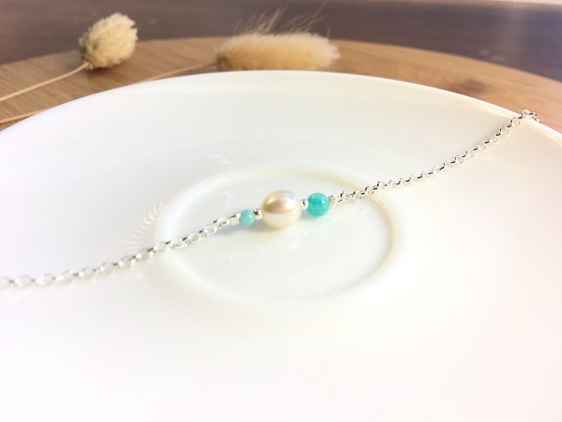 Ops Amazonite simple pearl tiny silver bracelet天河石/極簡/925Silver/手鍊/藍綠色/珍珠/純銀/銀鍊/ - 手鍊/手鐲 - 寶石 藍色