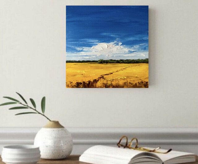 オリジナルの黄色のフィールド絵画空の風景油絵キャンバスインパスト