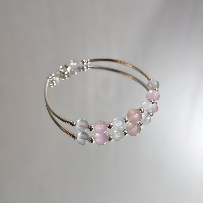 Romantic Series S925 Sterling Silver Rose Quartz Moonstone Bracelet | Handmade to order - Bracelets - Sterling Silver Pink