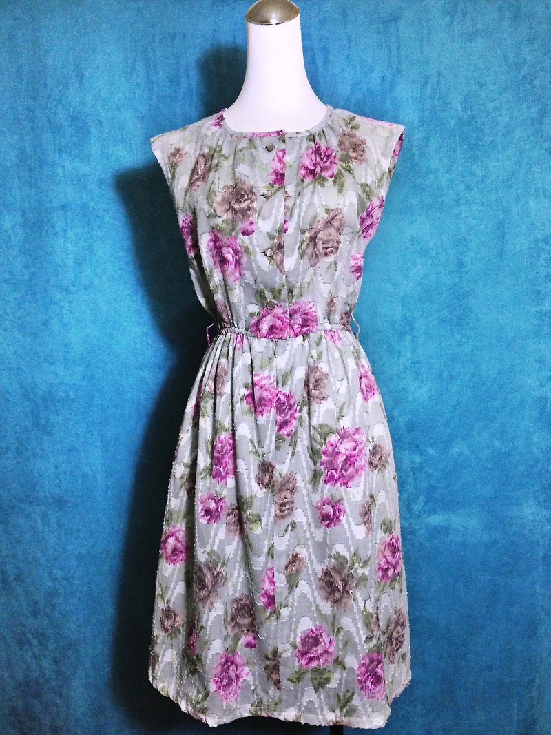 Pong Vintage [vintage dress / light gray textured wave flowers sleeveless dress vintage] brought foreign VINTAGE - ชุดเดรส - เส้นใยสังเคราะห์ สีเทา