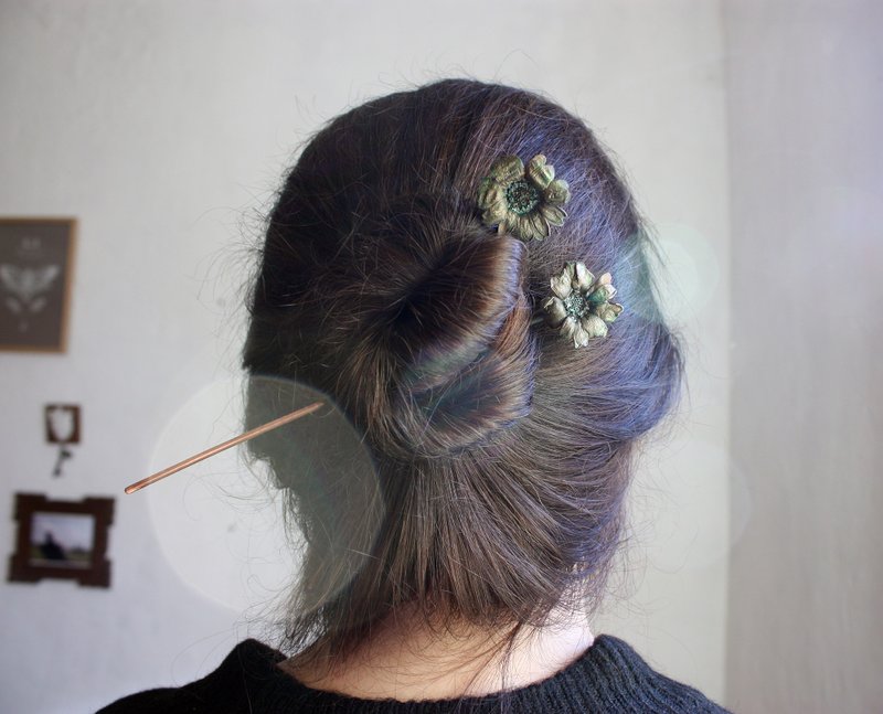Set of 2 Calendula Flower Hair Pin: Copper Hair Stick - 髮夾/髮圈 - 銅/黃銅 