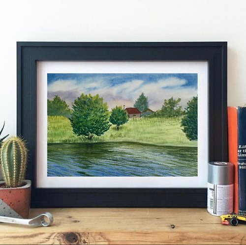OsipovArtStudio Original Watercolor Landscape River Painting Green Field Art House Painting