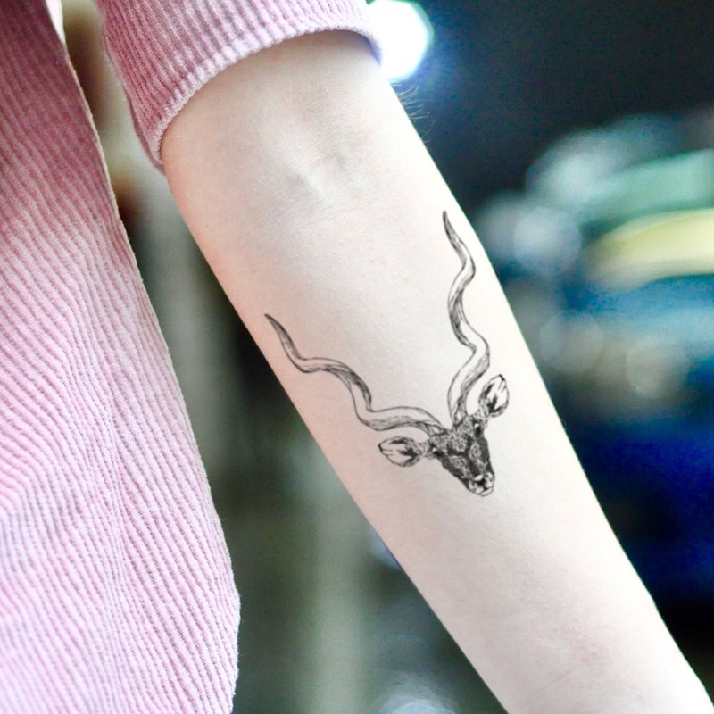 OhMyTat 羚羊頭 Antelope Head 刺青圖案紋身貼紙 (2 張) - 紋身貼紙 - 紙 黑色