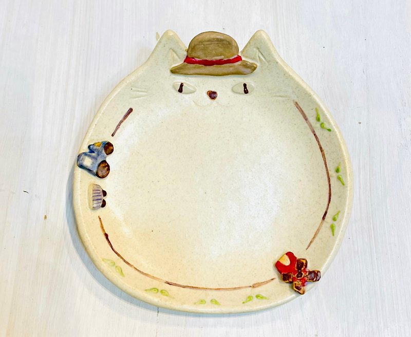 Cat town farmer's sunset clay pot S size - Plates & Trays - Pottery Gold