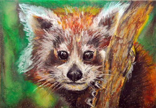 AsheArt Red Panda painting Animal painting Original painting Oil pastel painting