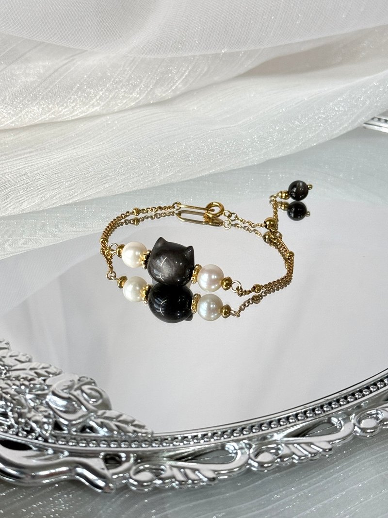 Cat Black Knight Romantic Pearl Bracelet - 18K Gold Medical Steel/Cat Star/Natural Pearl - สร้อยข้อมือ - คริสตัล สีดำ