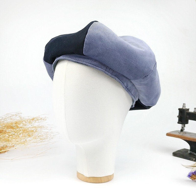 Handmade hat men and women double-sided berets painter hat Neutral stitching texture lint simple wild [silence gray blue] [B-10] - Hats & Caps - Cotton & Hemp Blue