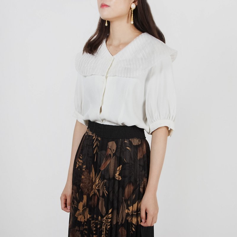 (Eggs and plants vintage) gauze large collar short-sleeved vintage shirt - Women's Shirts - Polyester White