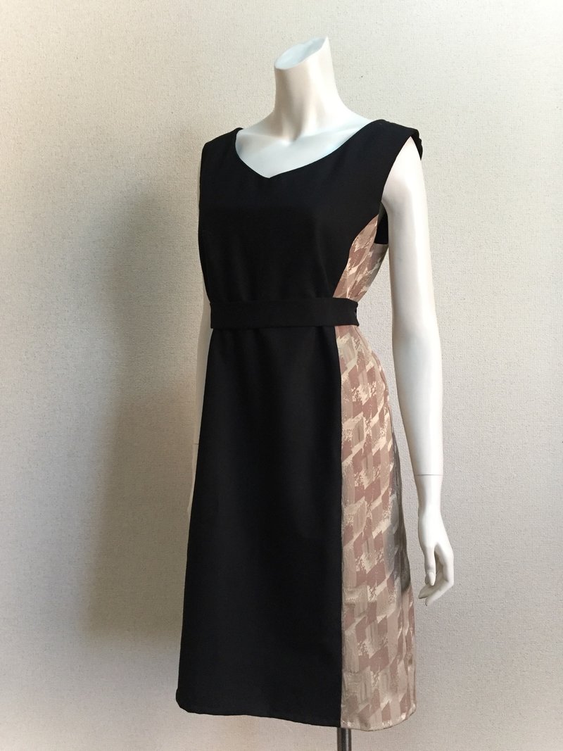 [One of a kind, with design drawing] Italian twill/jacquard fabric switching dress KOJI TOYODA - One Piece Dresses - Cotton & Hemp Multicolor