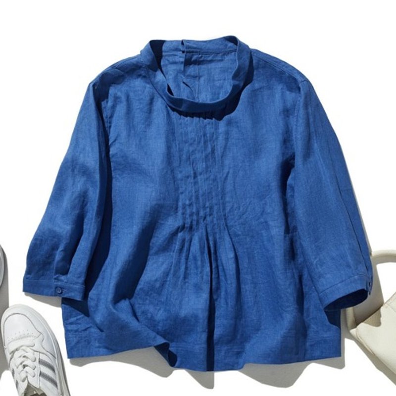 Natural-looking Linen blouse 3/4 sleeve blouse 100% Linen Lapis lazuli 240610-2 - เสื้อผู้หญิง - ผ้าฝ้าย/ผ้าลินิน 