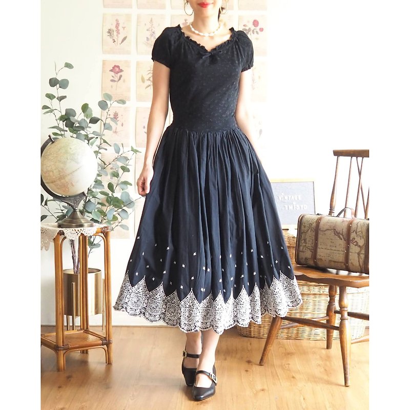 VINTAGE cotton dress, black dolly dress with embroidery (S) - One Piece Dresses - Cotton & Hemp Black