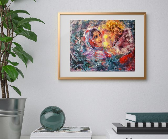 おとぎ話の油絵アート オリジナル キャンバス 愛 女の子 男 クリスマス