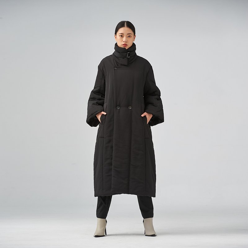 黑色高領鋪棉寬大外套 - 女大衣/外套 - 其他材質 黑色