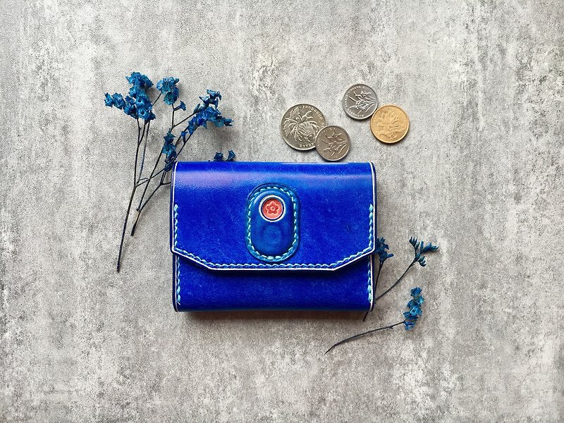 Leather wallet with flower /blue leather card case / card holder - กระเป๋าใส่เหรียญ - หนังแท้ สีน้ำเงิน