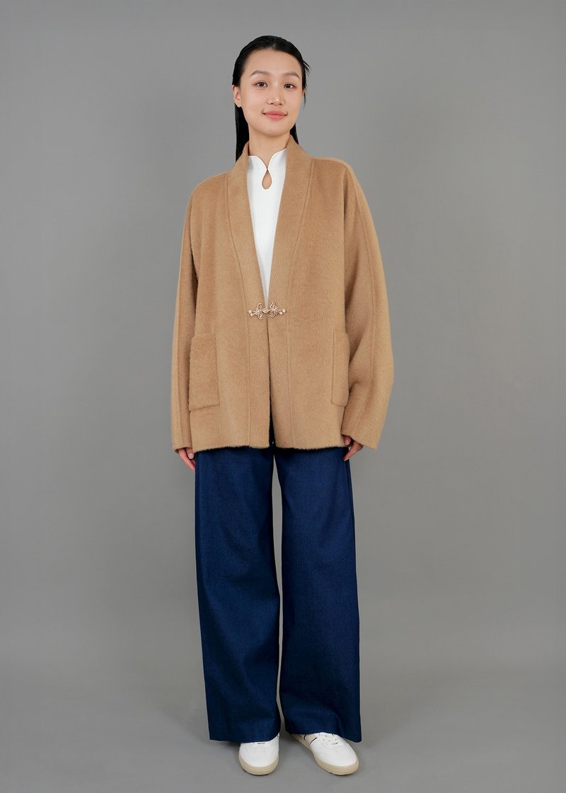 寬鬆盤扣開襟外套 (駝色) |香港設計| 氣質| 秋冬服裝 - 女毛衣/針織衫 - 羊毛 卡其色