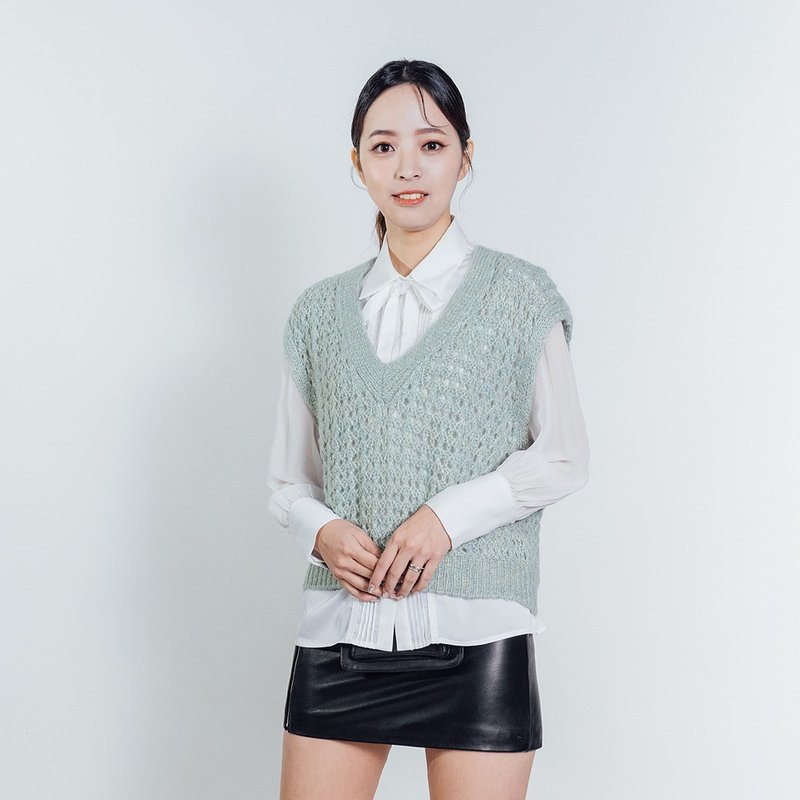 AVVJOY | 銀蔥V領粗針毛衣背心 - 女上衣/長袖上衣 - 其他材質 