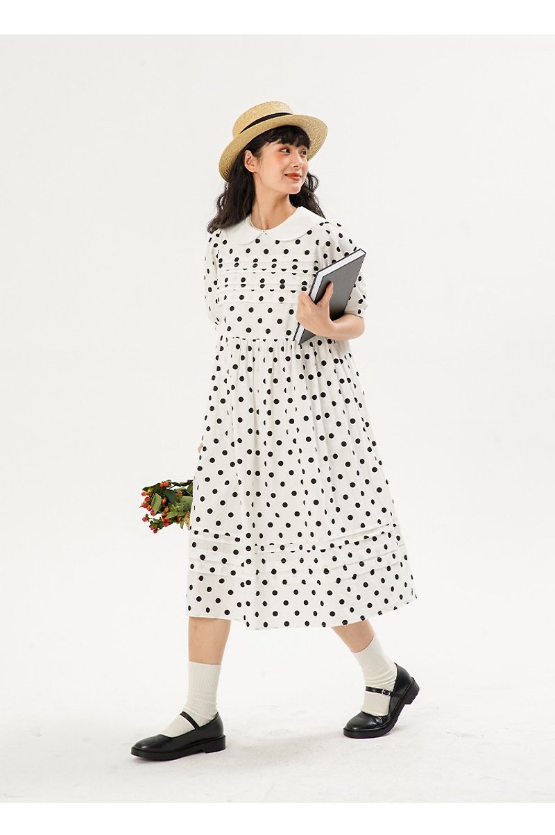 オッドメーカー水玉半袖ワンピース女性夏日本ミドル丈ドールカラープリーツパフスリーブAラインスカート