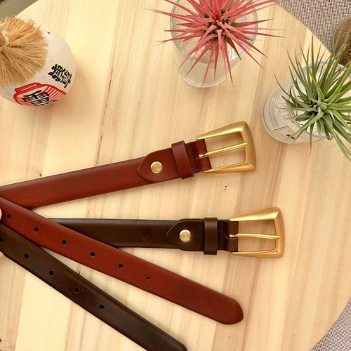 Zude Leather 柱的皮件 女款復古真皮皮帶 金色銅製帶頭 生日禮物/旅行用品/母親節禮物