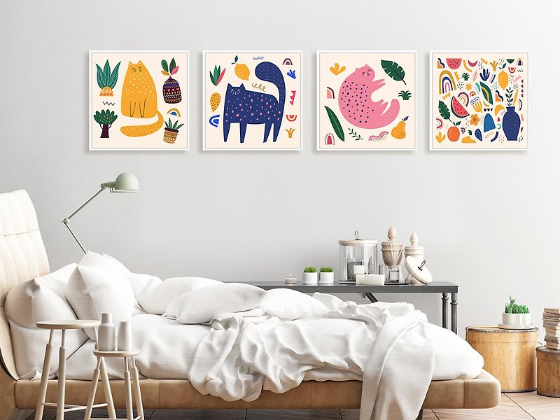 Fruits and Cats-Paintings-Box Series-Pink.Color - โปสเตอร์ - ผ้าฝ้าย/ผ้าลินิน สึชมพู