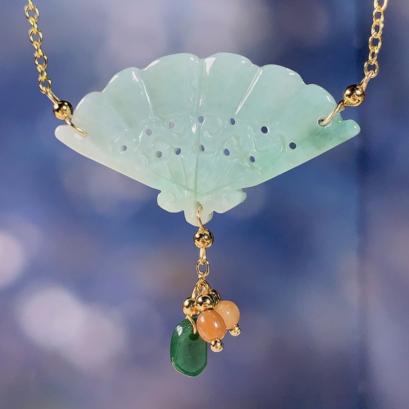 Jade Fan Design Clavicle Chain 14K Gold Filled | Natural Grade A Jade | Gift - สร้อยคอทรง Collar - หยก สีเขียว