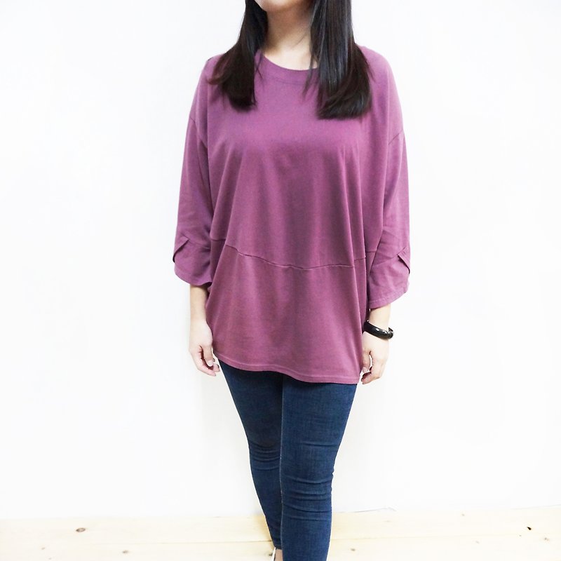 【MIT】弧形拼接造型圓領棉衫（紫色.綠色.淺粉色.黑色） - 女裝 上衣 - 棉．麻 