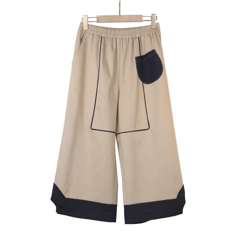 卡其/藍 - 框線拼接撞色七分褲 #U2053 - 女長褲 - 棉．麻 卡其色