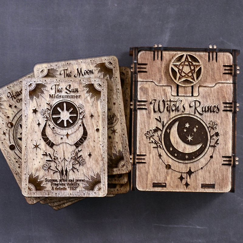 HANDMADE Wooden Witch's runes cards Set of 15 pcs with box Witchcraft gift - 心意卡/卡片 - 木頭 咖啡色