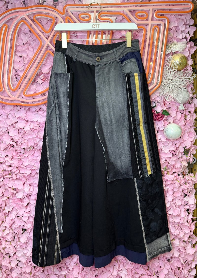 OTT只此一件•日系白搭配襯假兩件重工洗水間蕾絲條子闊褲 - 女長褲 - 棉．麻 灰色