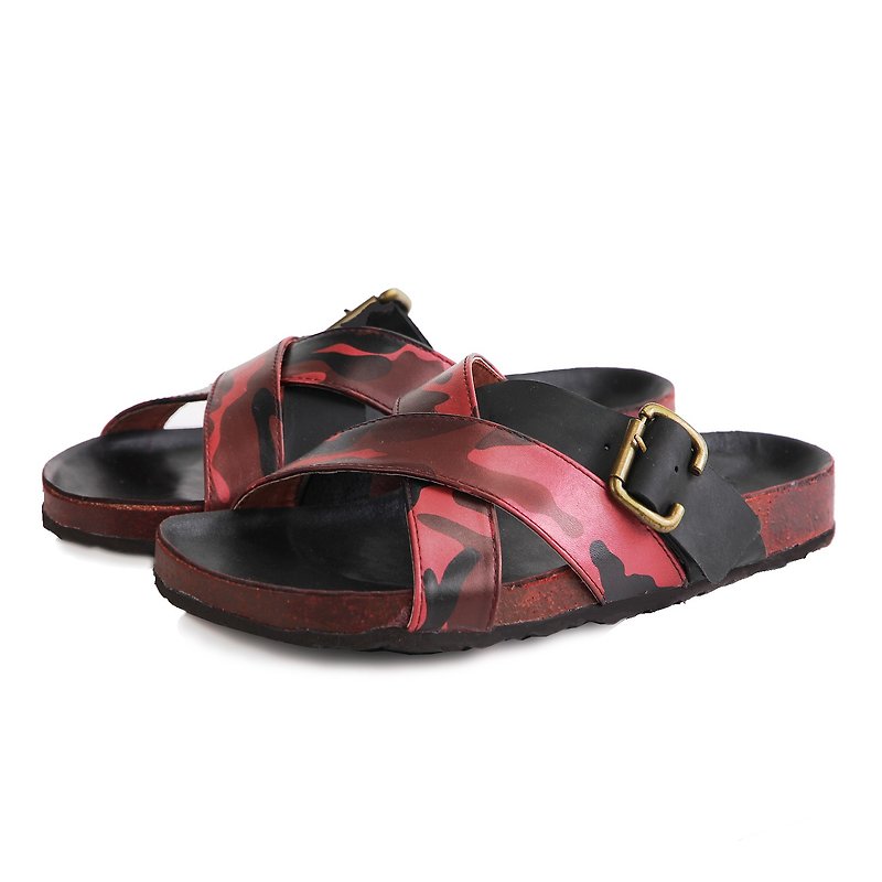 Dubai M1174 Red Camouflage-Print  leather sandals - รองเท้ารัดส้น - หนังแท้ สีแดง