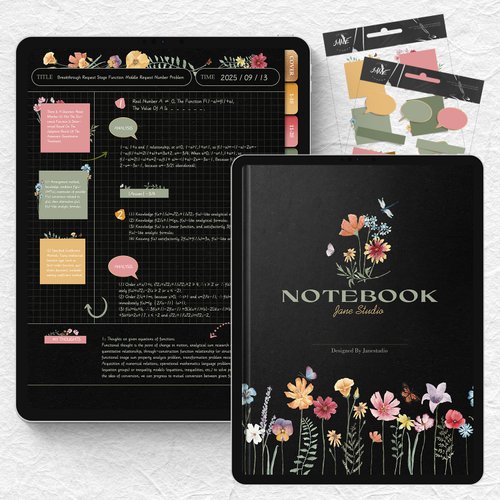 JANE STUDIO電子手帳工作室 豎版深色款小清新數位筆記電子手帳筆記模板Goodnotes/notability