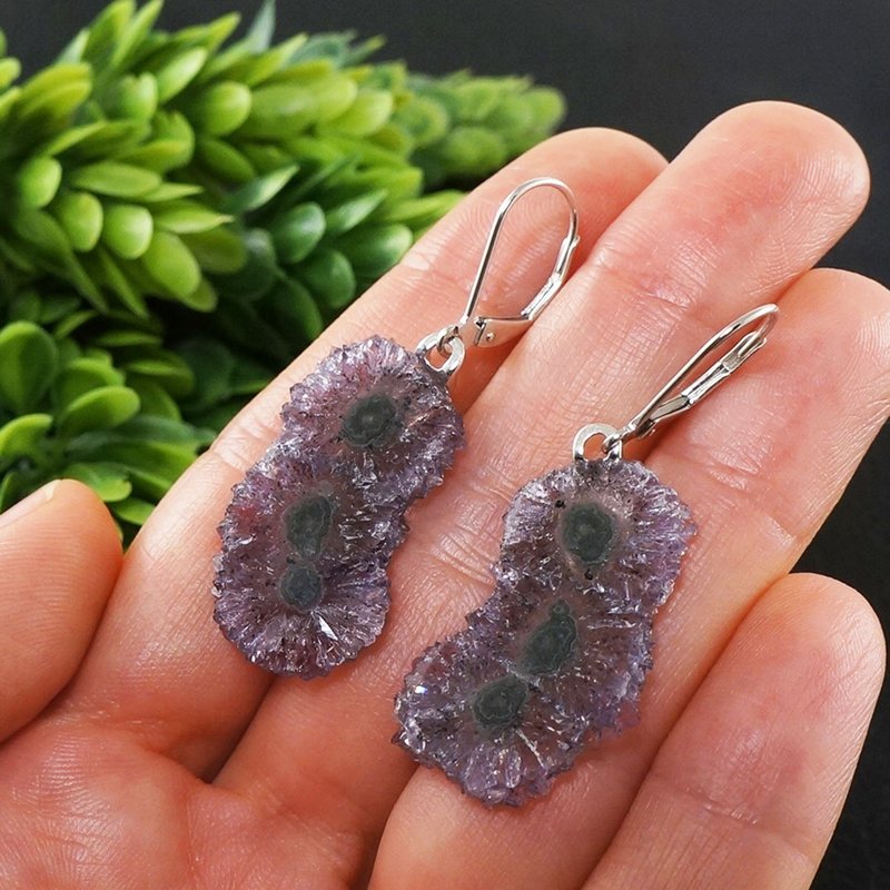 Amethyst Stalactite Slice Crystal Druze Purple Lilac Lavender Earrings Jewelry - ต่างหู - เครื่องเพชรพลอย สีม่วง