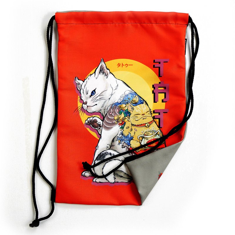 Neko Tattoo / Dog Tattoo/ Back-Front drawstring bag Canvas Reduce global warming - 束口袋/束口背包/水桶包 - 其他材質 白色